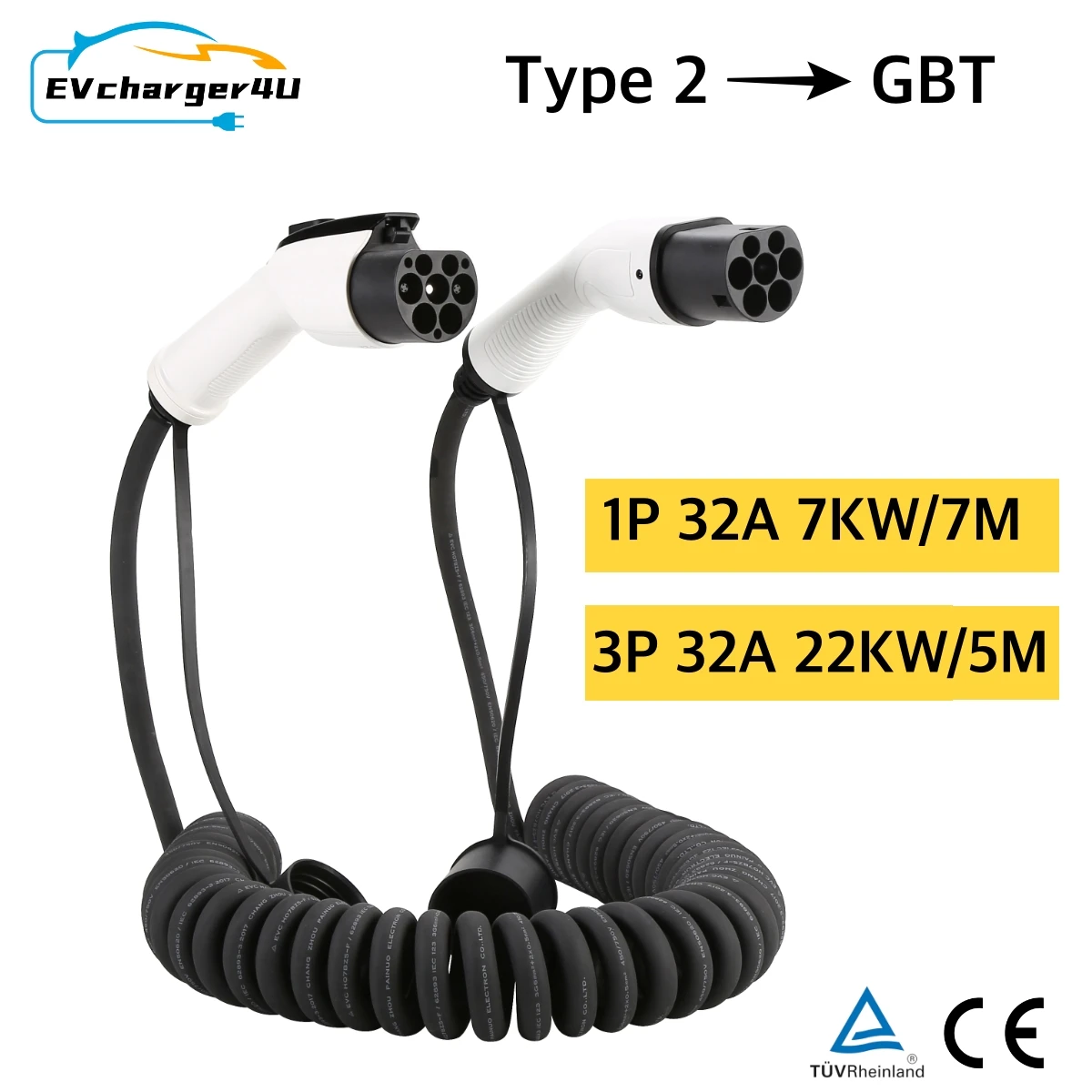 Ev Charger Type 2 22Kw 32A 3 Phase - EVcharger4U 5M/7M Espiral EV Cabo de