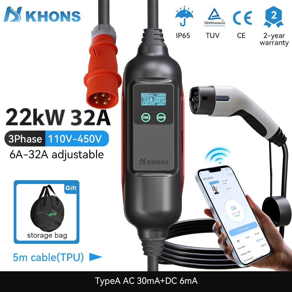 Khons portátil ev carregador t - Ev Charger Type 2 22Kw 32A 3 Phase avaliação e preço
